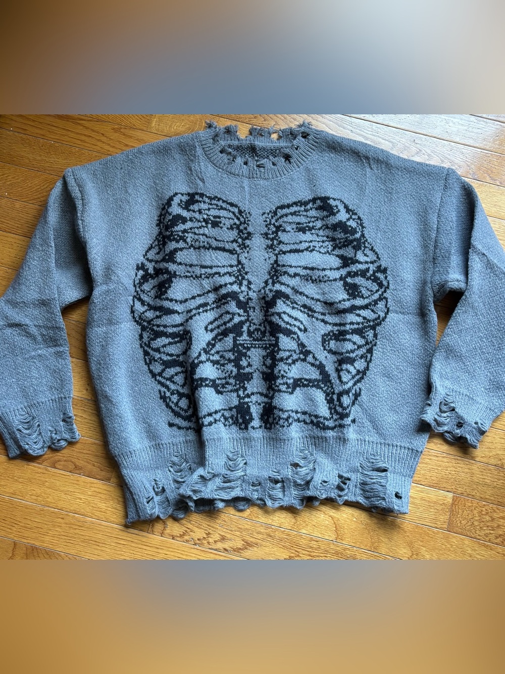 SHEIN Gray Distressed Ribcage Graphic Crewneck Sweater